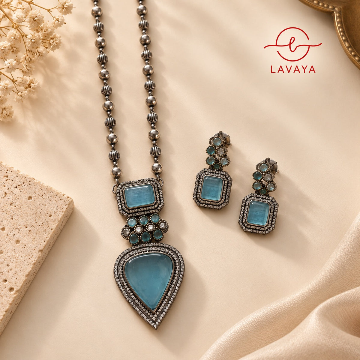 Antique Oxidized Textured Fluted Bead Long Chain Haar with Pastel Blue Teardrop Pendant & Matching Drop Earrings for Women