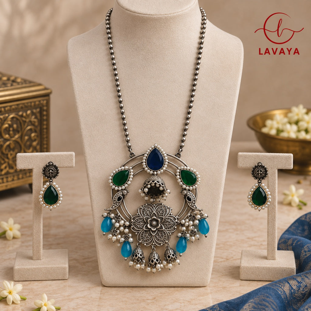 LAVAYA Handcrafted Oxidized Silver Haram Long Necklace with Jhumki & Pearl Drops for Women