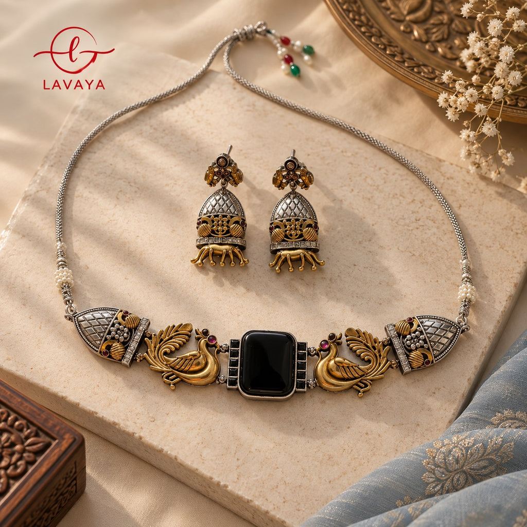 Dual-Tone Peacock Motif Choker Necklace Set with Black Stone & Matching Jhumkas