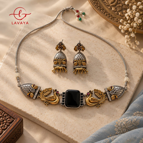 Dual-Tone Peacock Motif Choker Necklace Set with Black Stone & Matching Jhumkas