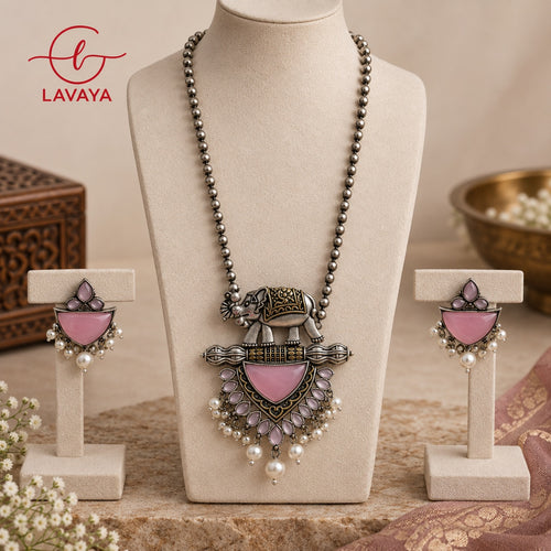Dual-Tone Royal Elephant Motif Statement Pendant Long Necklace Set with Pastel Pink Stones & Pearl Hangings