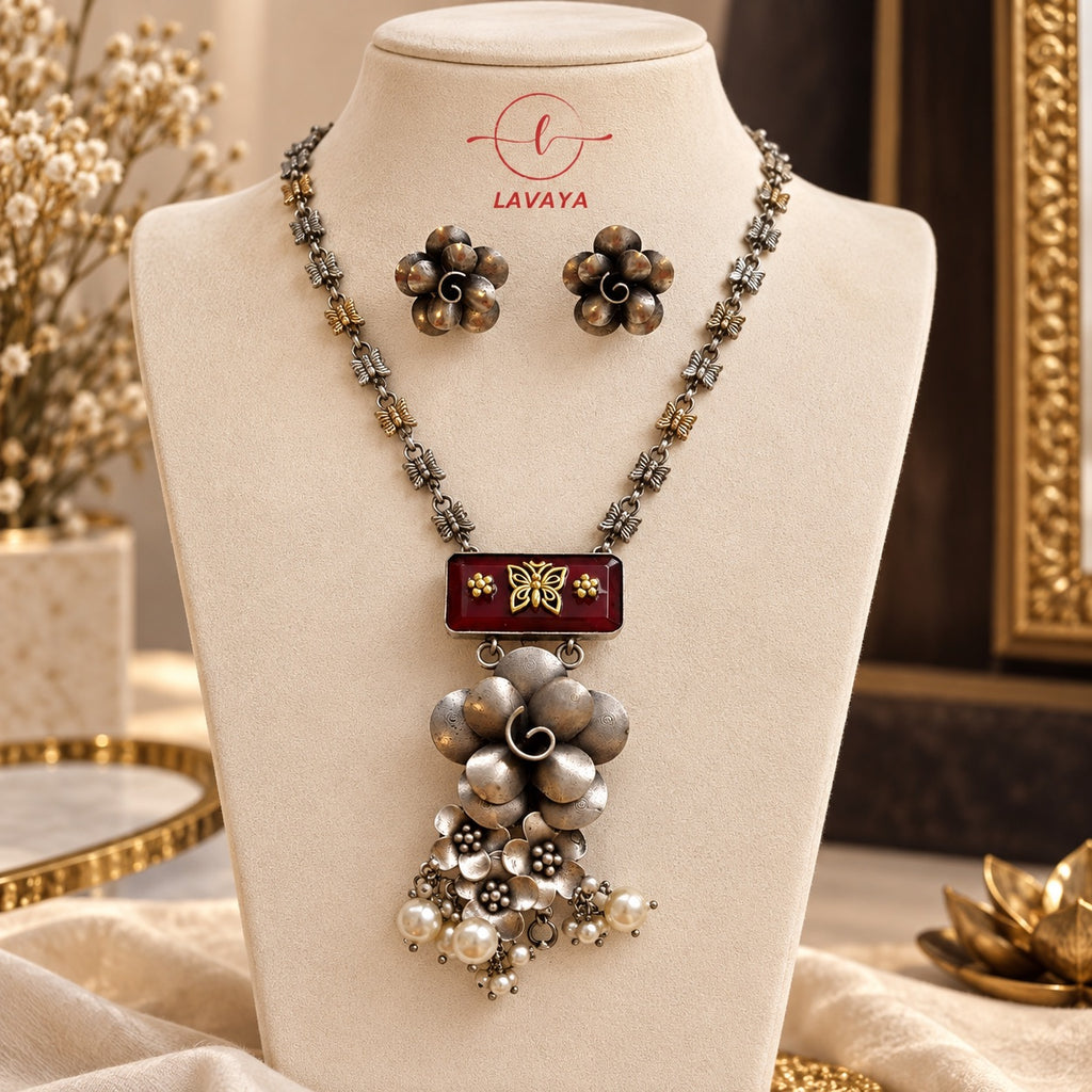 Dual-Tone Oxidized Butterfly Link Chain Floral Bouquet Pendant Necklace Set with Maroon Enamel & Pearls
