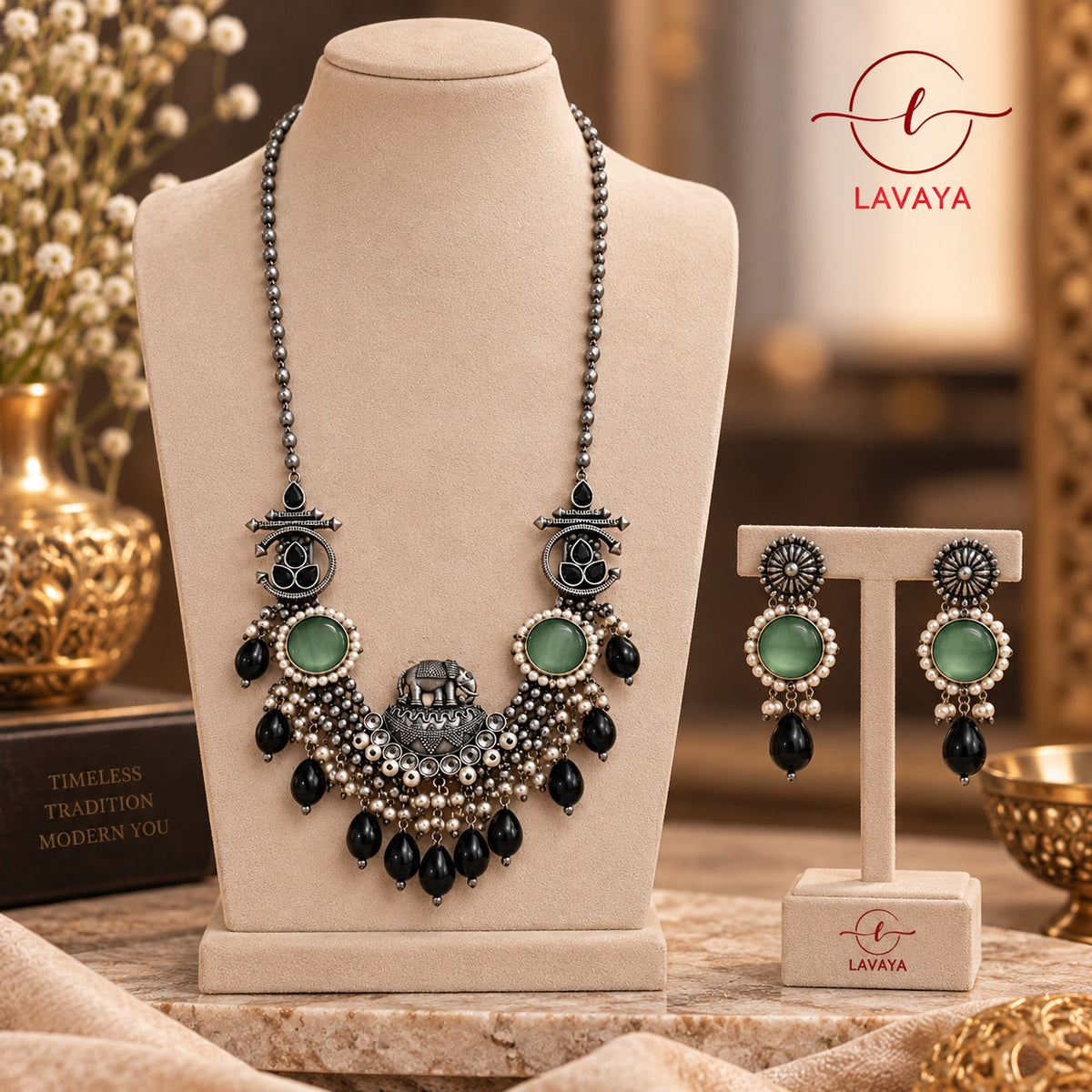 Oxidized Silver Elephant Motif Long Necklace Set with Mint Green Stones & Black Drops