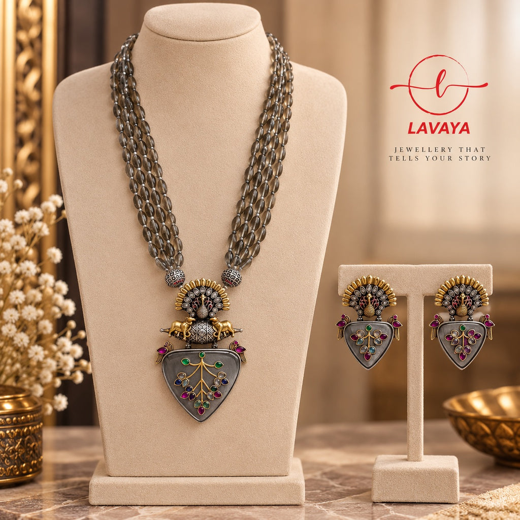 LAVAYA Dual-Tone Temple Haram Necklace with Grey Heart Pendant & Matching Drop Earrings for Women