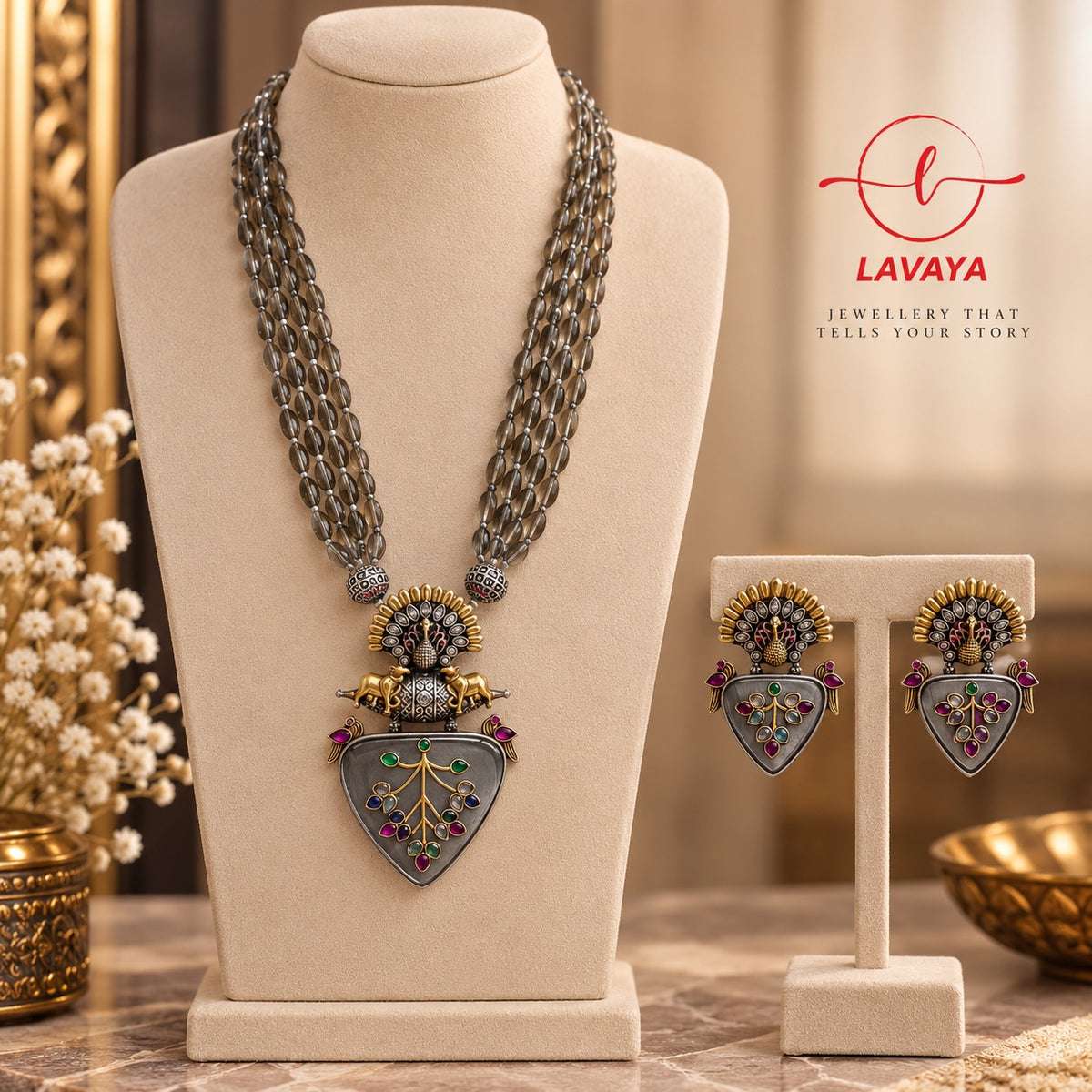 LAVAYA Dual-Tone Temple Haram Necklace with Grey Heart Pendant & Matching Drop Earrings for Women