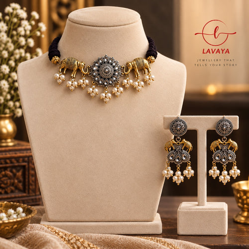 Dual-Tone Royal Elephant & Floral Medallion Black Dori Choker Set with Pearl Clusters