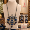 Royal Sapphire Blue Stone Oxidized Silver Elephant Motif Necklace Set with Matching Earrings