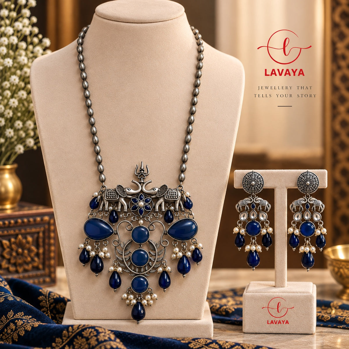 Royal Sapphire Blue Stone Oxidized Silver Elephant Motif Necklace Set with Matching Earrings