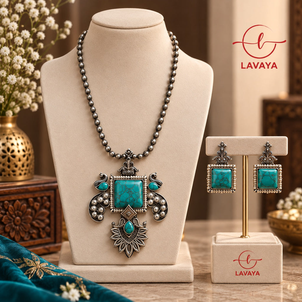 Oxidized Silver Peacock Motif Long Necklace Set with Turquoise Stone & Matching Earrings