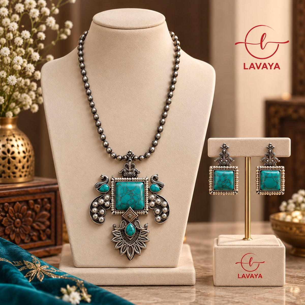 Oxidized Silver Peacock Motif Long Necklace Set with Turquoise Stone & Matching Earrings