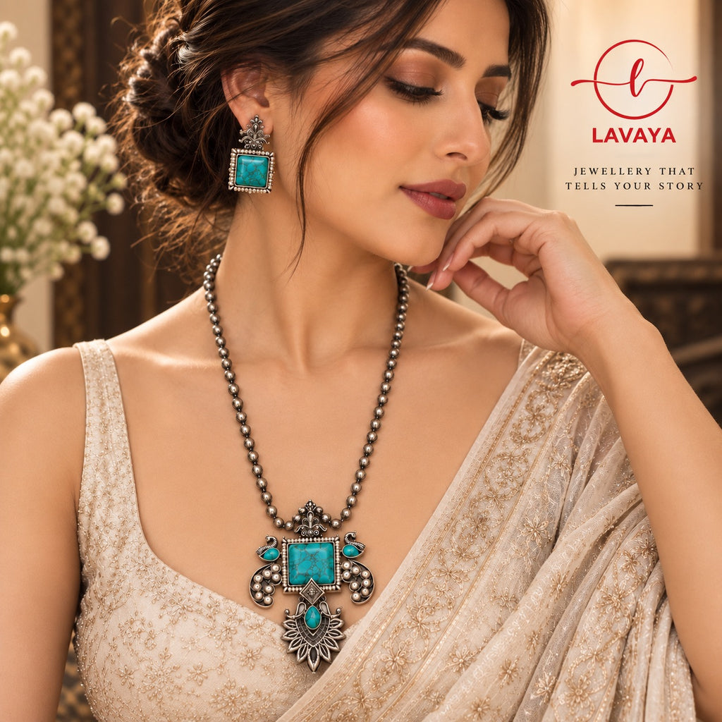 Oxidized Silver Peacock Motif Long Necklace Set with Turquoise Stone & Matching Earrings
