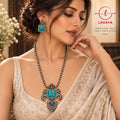 Oxidized Silver Peacock Motif Long Necklace Set with Turquoise Stone & Matching Earrings
