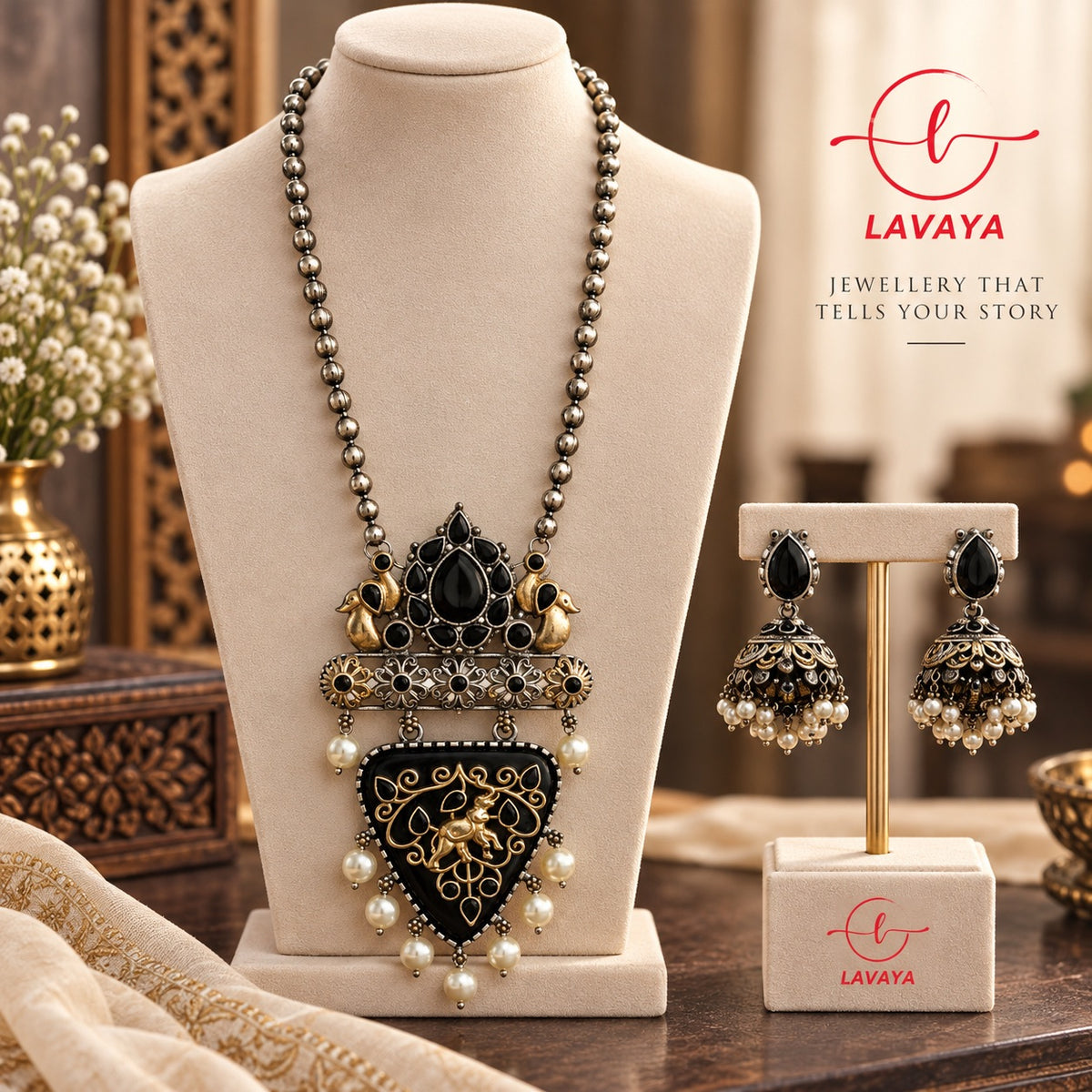 Dual-Tone Peacock & Elephant Motif Black Stone Shield Pendant Long Necklace Set with Jhumkas