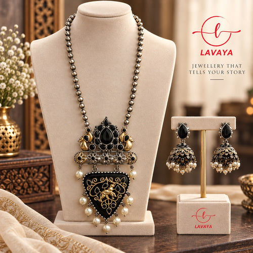 Dual-Tone Peacock & Elephant Motif Black Stone Shield Pendant Long Necklace Set with Jhumkas