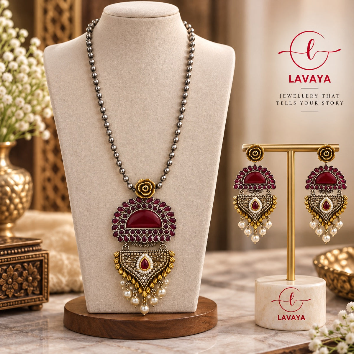Royal Ruby Red Stone Pendant Necklace Set with Pearl Drop Earrings