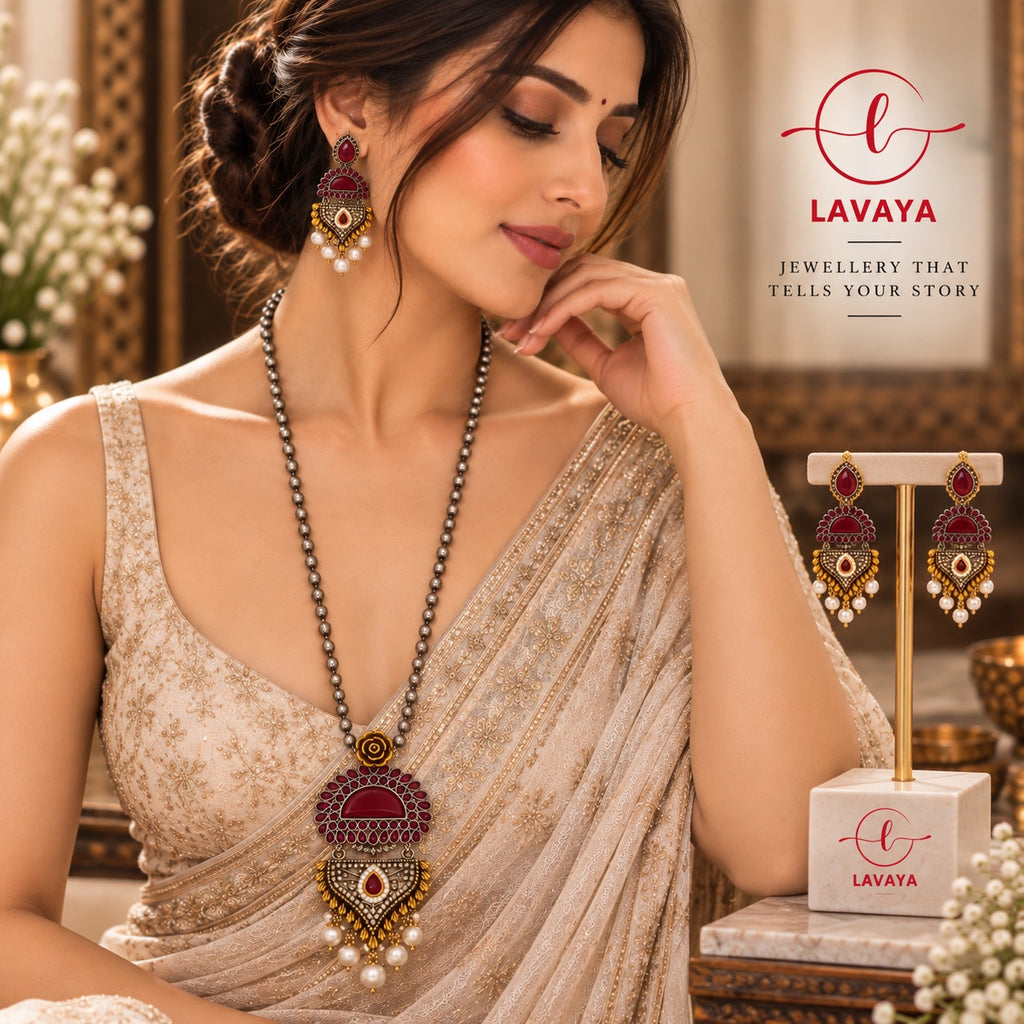 Royal Ruby Red Stone Pendant Necklace Set with Pearl Drop Earrings