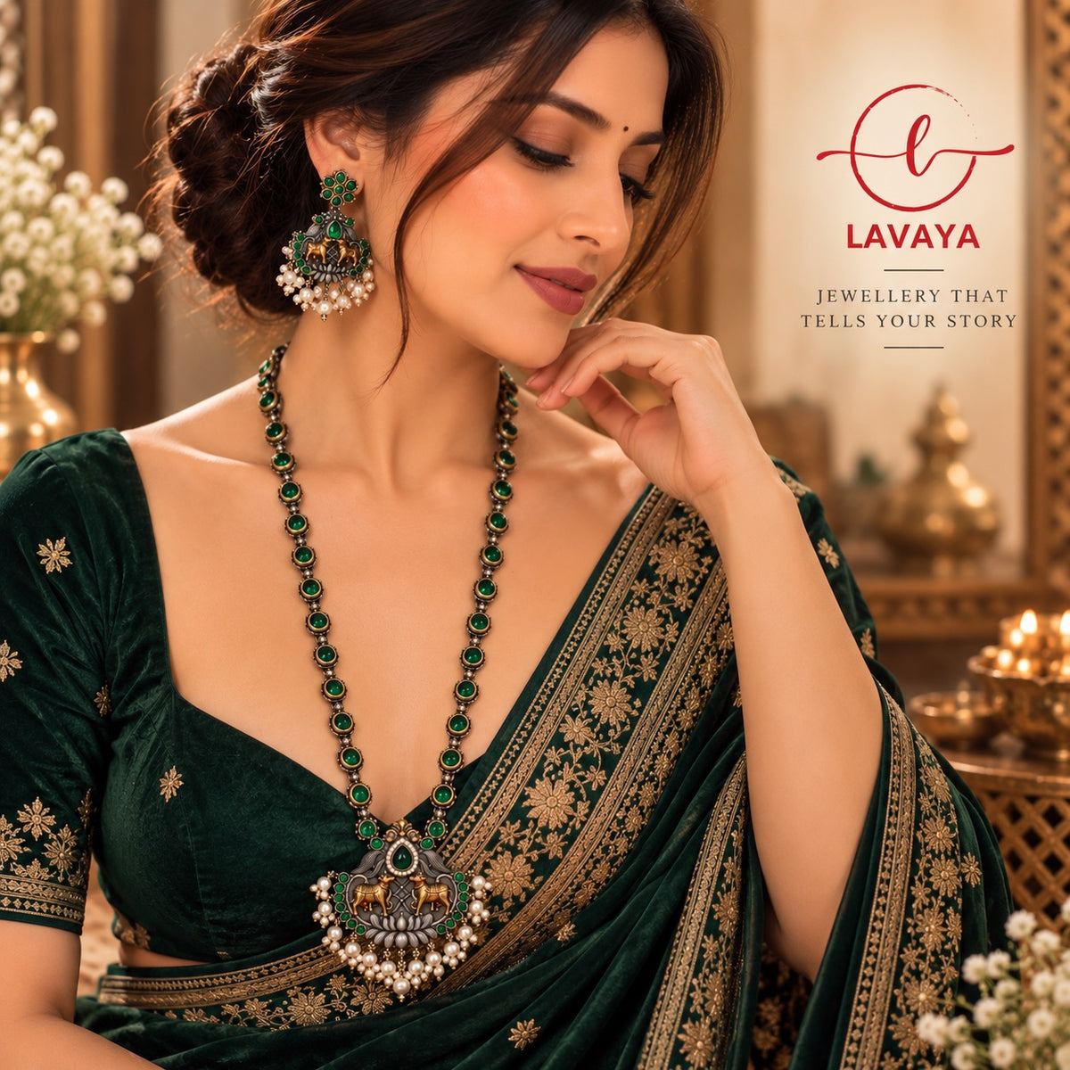 Dual-Tone Kamadhenu Cow Motif Long Haram Set with Emerald Green Stones & Pearl Bunches