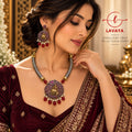 Dual-Tone Radha Krishna Medallion Necklace Set with Ruby Stones & Pearl Drops