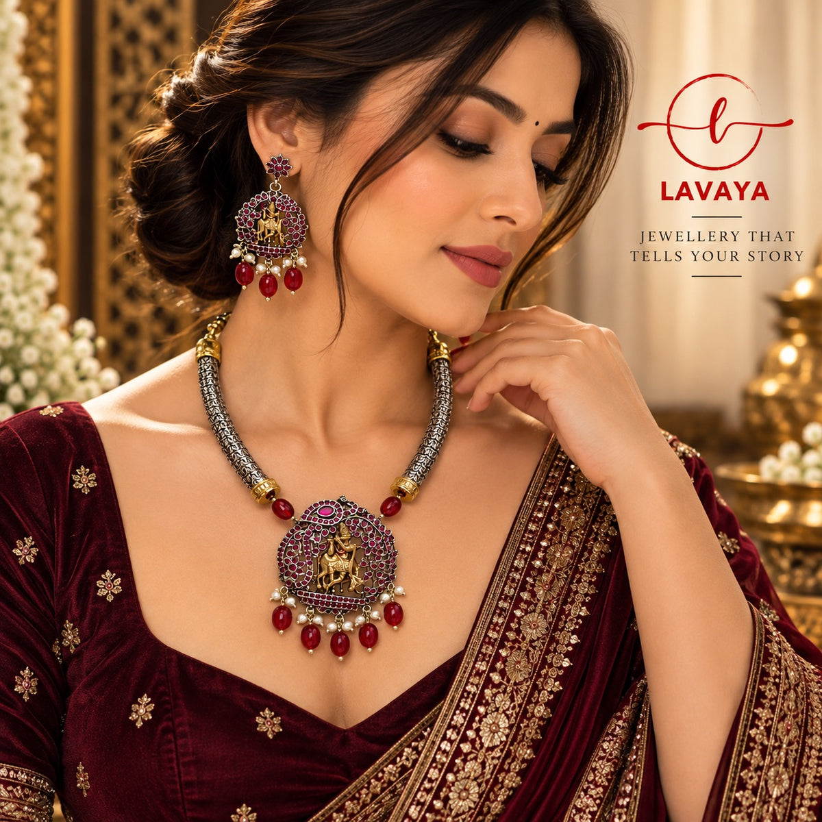 Dual-Tone Radha Krishna Medallion Necklace Set with Ruby Stones & Pearl Drops