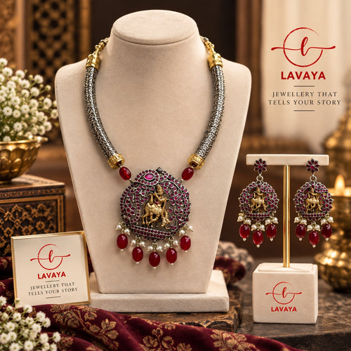 Dual-Tone Radha Krishna Medallion Necklace Set with Ruby Stones & Pearl Drops