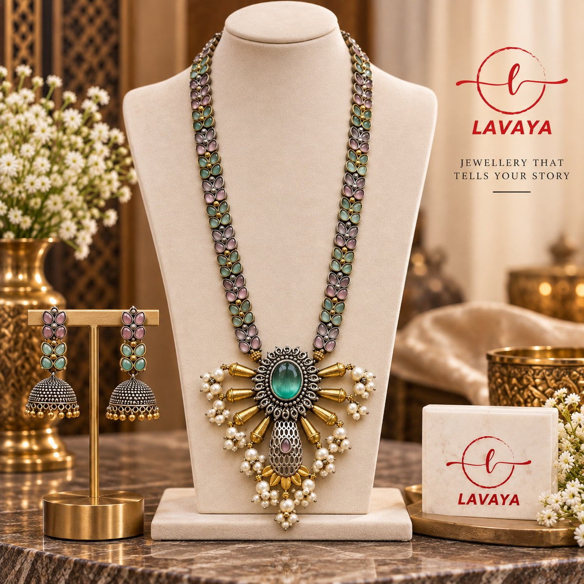 LAVAYA Dual-Tone Long Necklace Set with Mint & Pink Stones, Pearl Accents & Jhumki Earrings