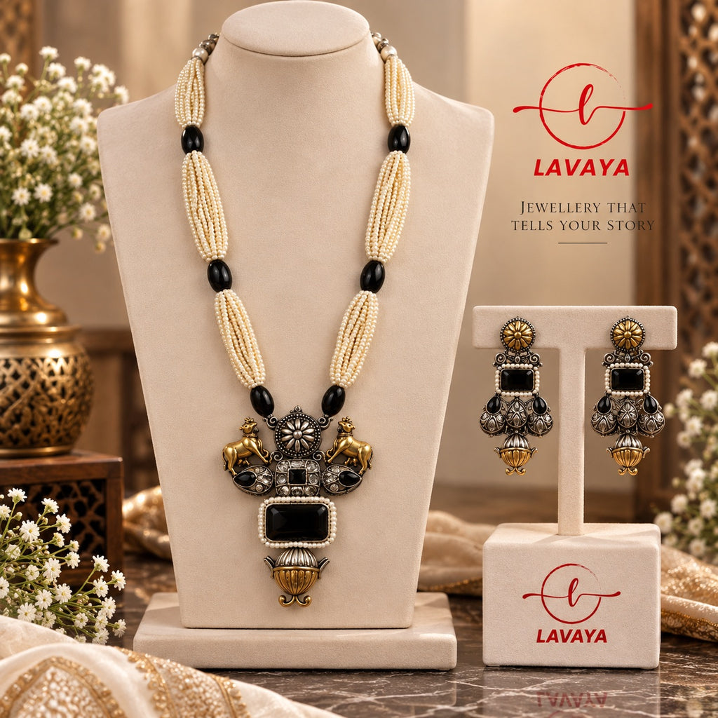 Dual-Tone Oxidized Temple Motif Long Necklace Set with Multi-Strand Pearls & Jet-Black Stones