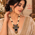 Dual-Tone Oxidized Temple Motif Long Necklace Set with Multi-Strand Pearls & Jet-Black Stones