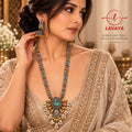 LAVAYA Dual-Tone Long Necklace Set with Mint & Pink Stones, Pearl Accents & Jhumki Earrings