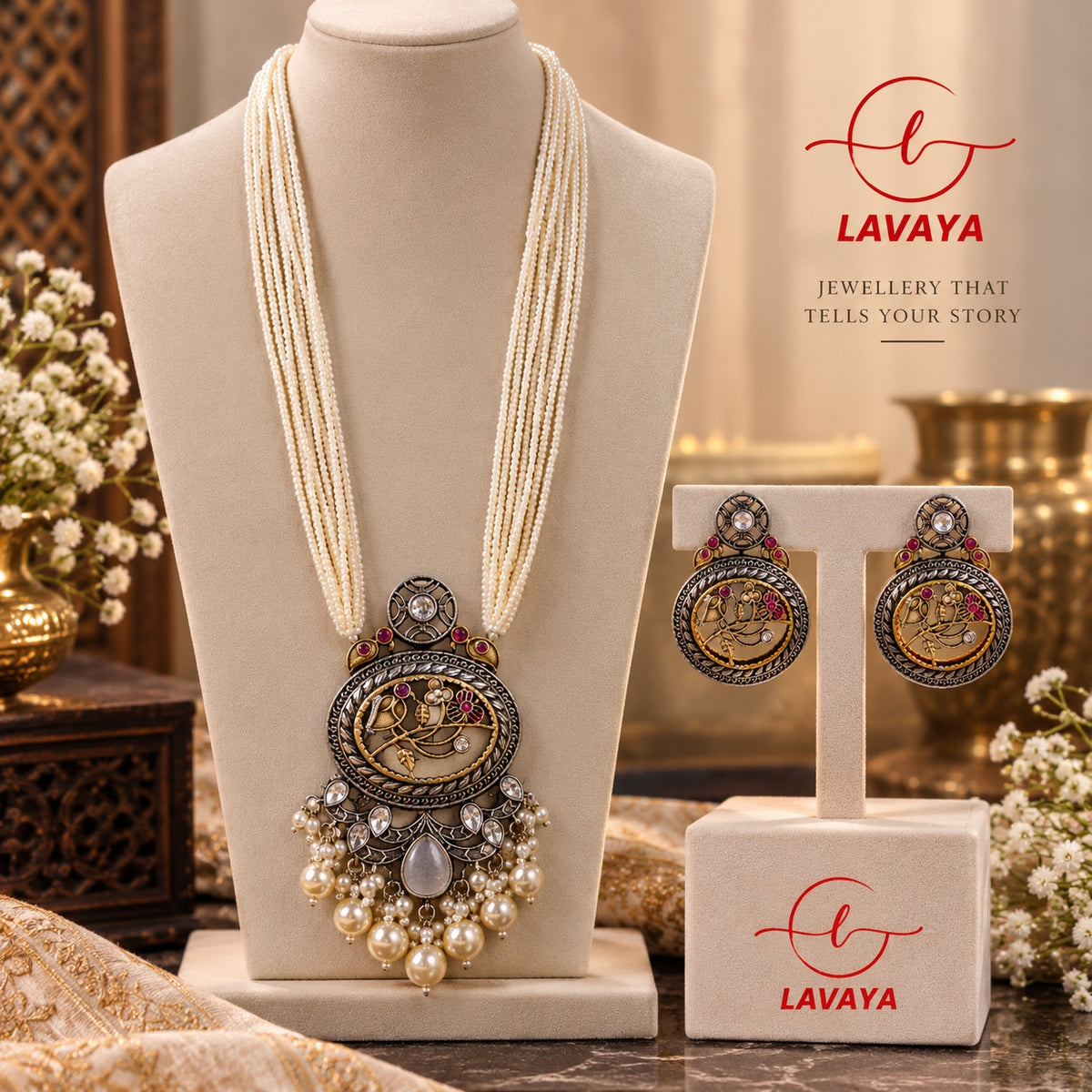 LAVAYA Dual-Tone Heritage Long Pearl Haram Necklace with Floral Bird Pendant & Matching Earrings