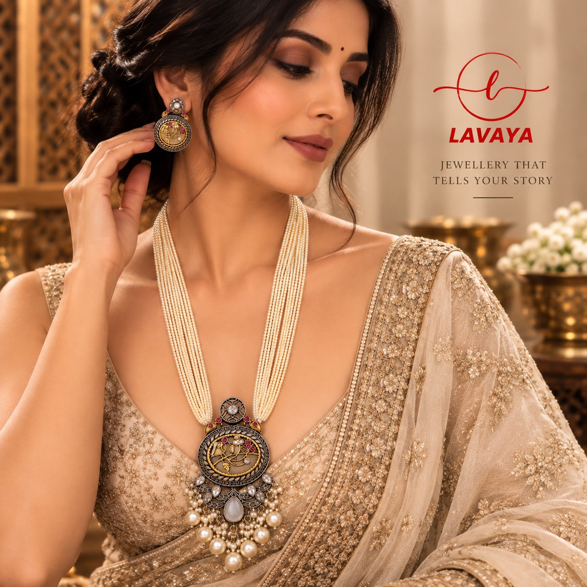 LAVAYA Dual-Tone Heritage Long Pearl Haram Necklace with Floral Bird Pendant & Matching Earrings