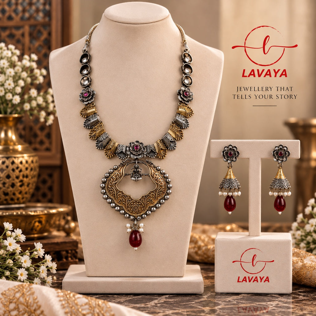 LAVAYA Antique Dual-Tone Goddess Lakshmi Temple Necklace Set with Jhumki Earrings for Women