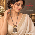 Dual-Tone Peacock Motif Filigree Bell Pendant Necklace Set with Multicolor Stones & Pearl Bunches