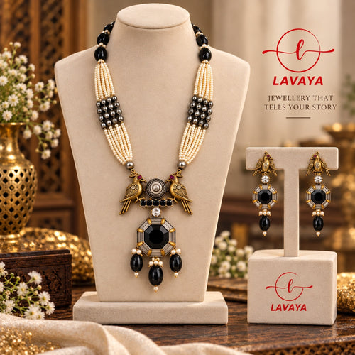 Dual-Tone Antique Bird Motif Statement Necklace Set with Seed Pearls,