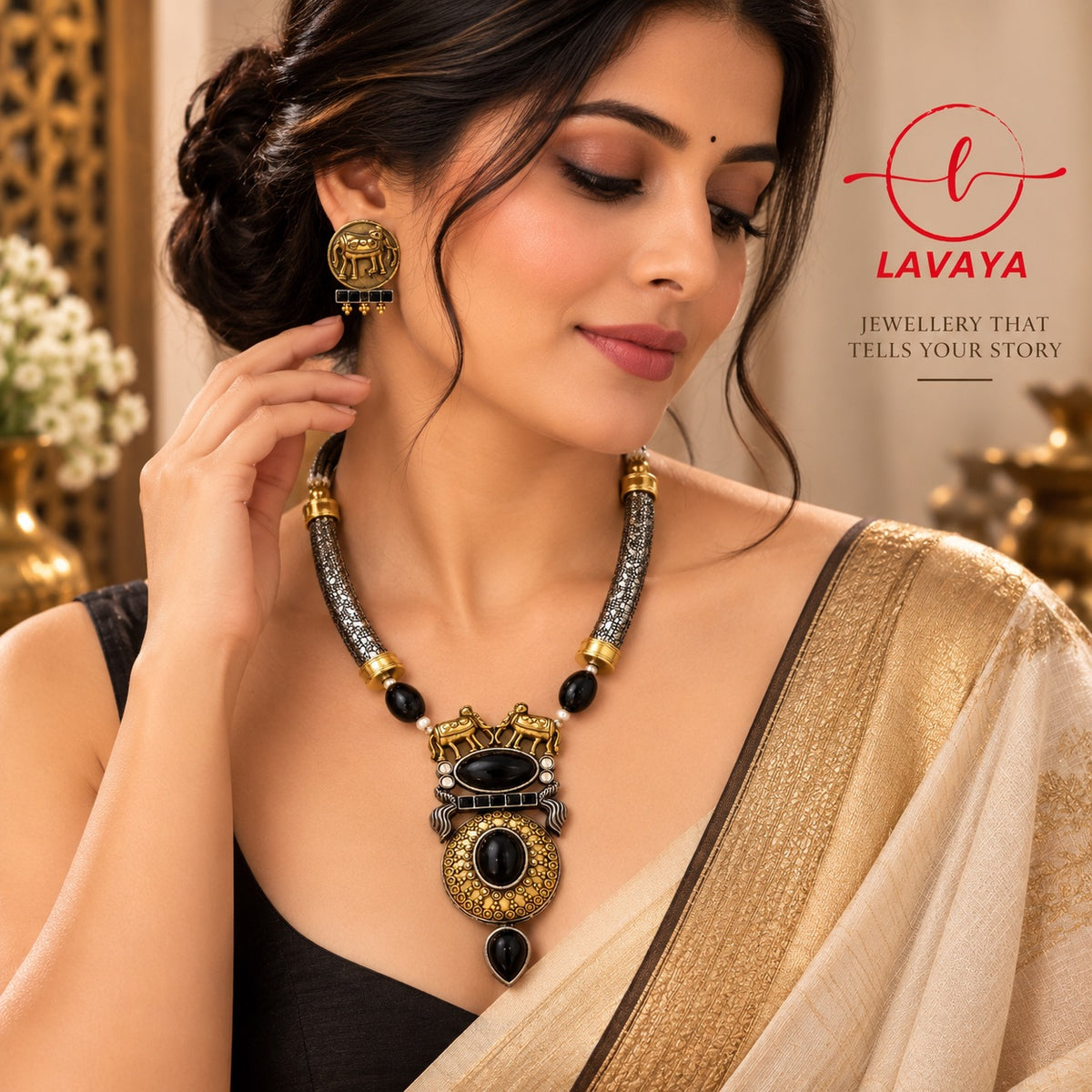 LAVAYA Dual-Tone Tribal Hasli Necklace Set with Black Onyx Stones & Elephant Stud Earrings