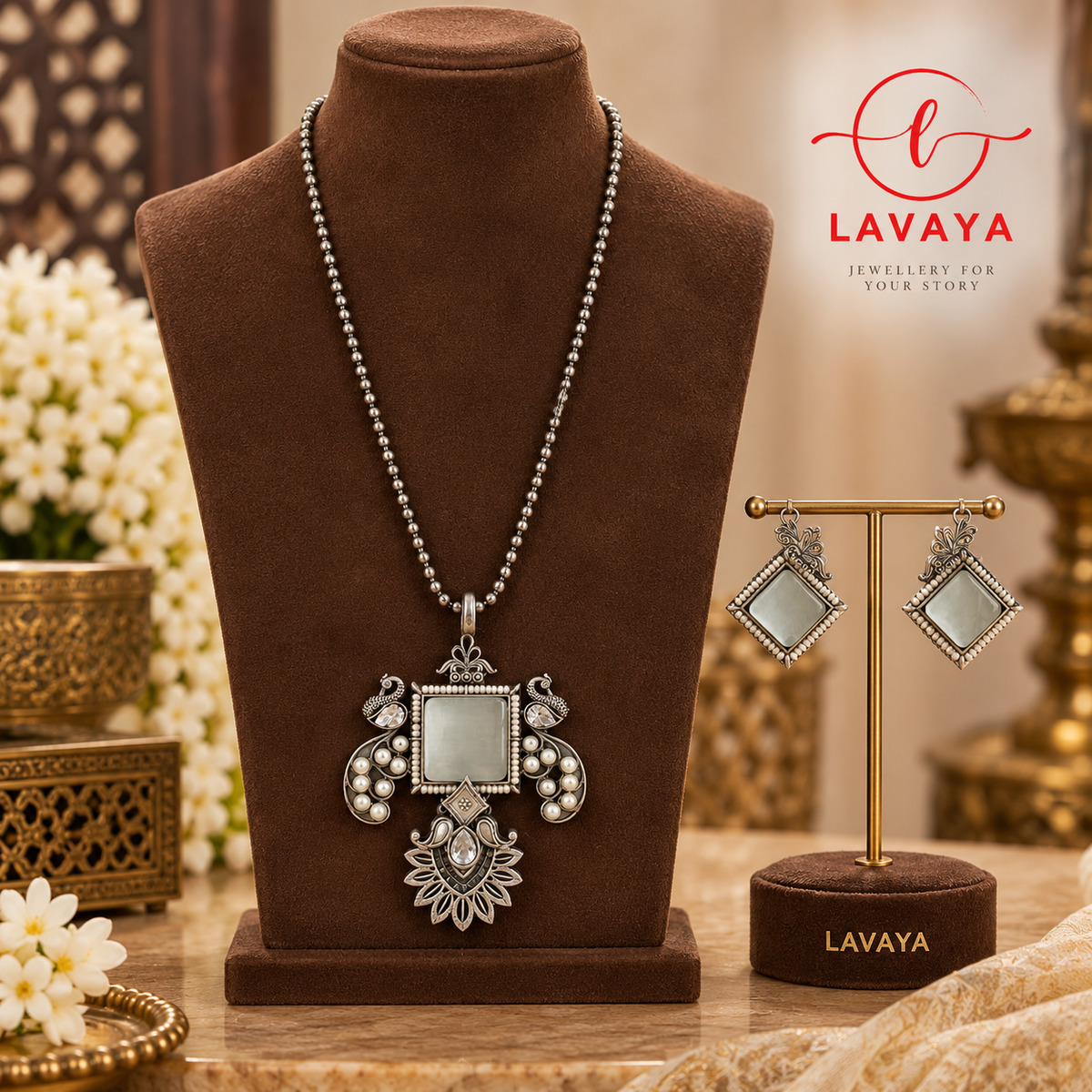 LAVAYA Tribal Oxidized Silver Haram Long Necklace with Mint Gray Stone & Drop Earrings for Women