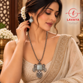LAVAYA Tribal Oxidized Silver Haram Long Necklace with Mint Gray Stone & Drop Earrings for Women