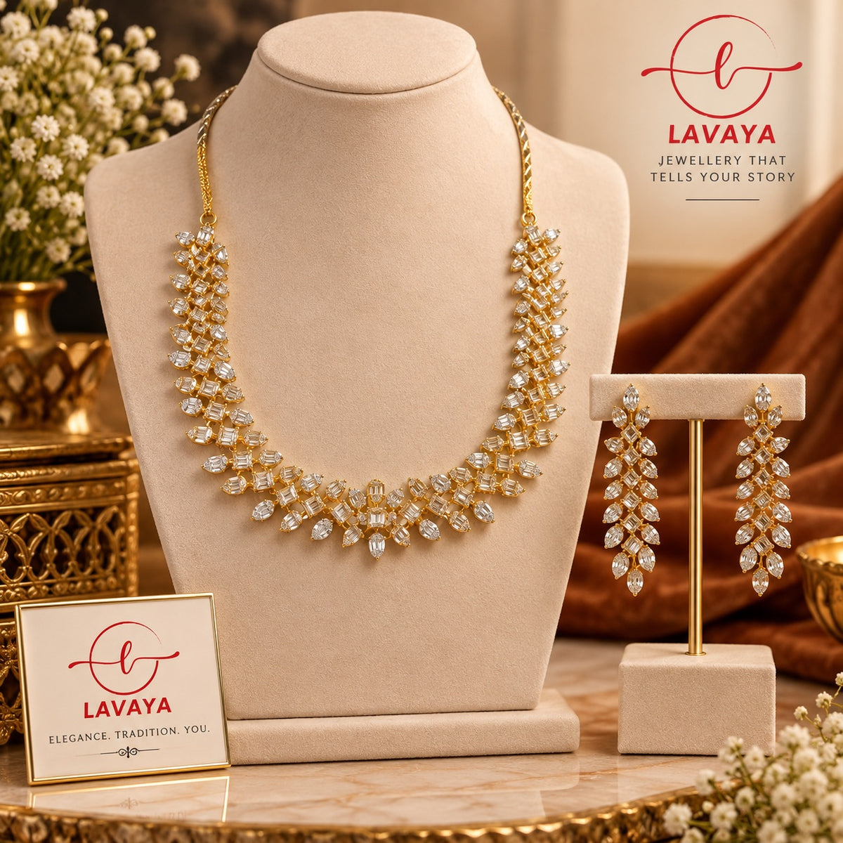 Lavaya Gold-Tone Crystal Necklace & Earrings Set for Women