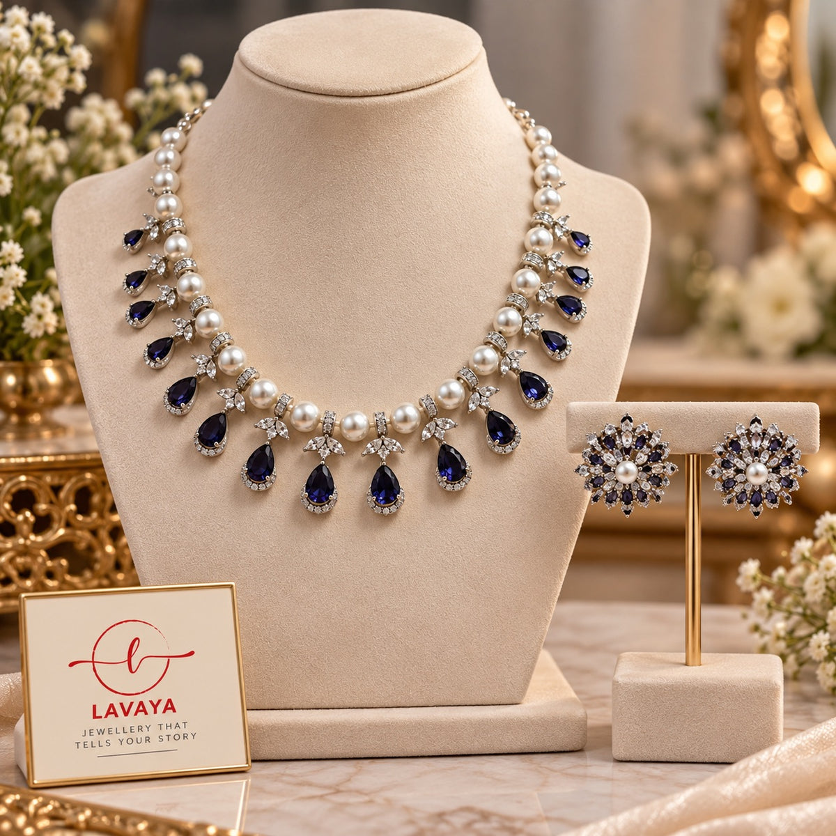 Lavaya Royal Sapphire Blue Pearl & Crystal Statement Necklace with Floral Stud Earrings Set