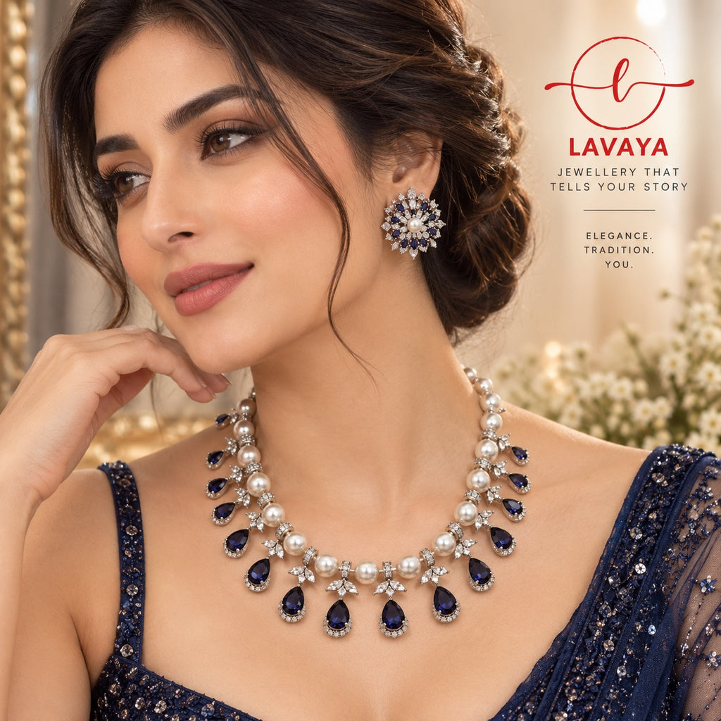 Lavaya Royal Sapphire Blue Pearl & Crystal Statement Necklace with Floral Stud Earrings Set