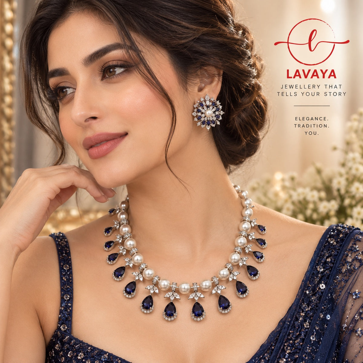 Lavaya Royal Sapphire Blue Pearl & Crystal Statement Necklace with Floral Stud Earrings Set