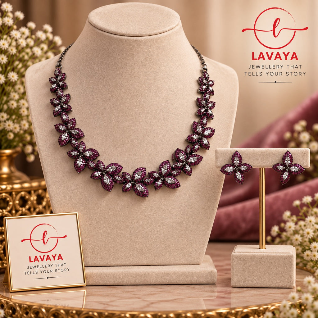 Lavaya Royal Ruby Pink Floral Crystal Statement Necklace & Matching Stud Earrings Jewellery Set