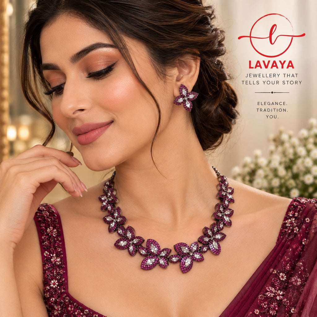 Lavaya Royal Ruby Pink Floral Crystal Statement Necklace & Matching Stud Earrings Jewellery Set