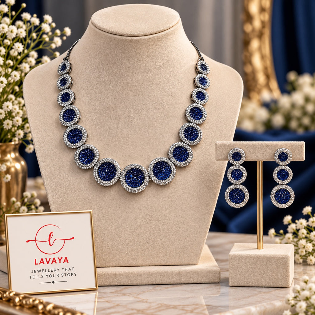 Lavaya Royal Sapphire Blue Crystal Circular Statement Necklace & Matching Triple Drop Earrings Jewellery Set