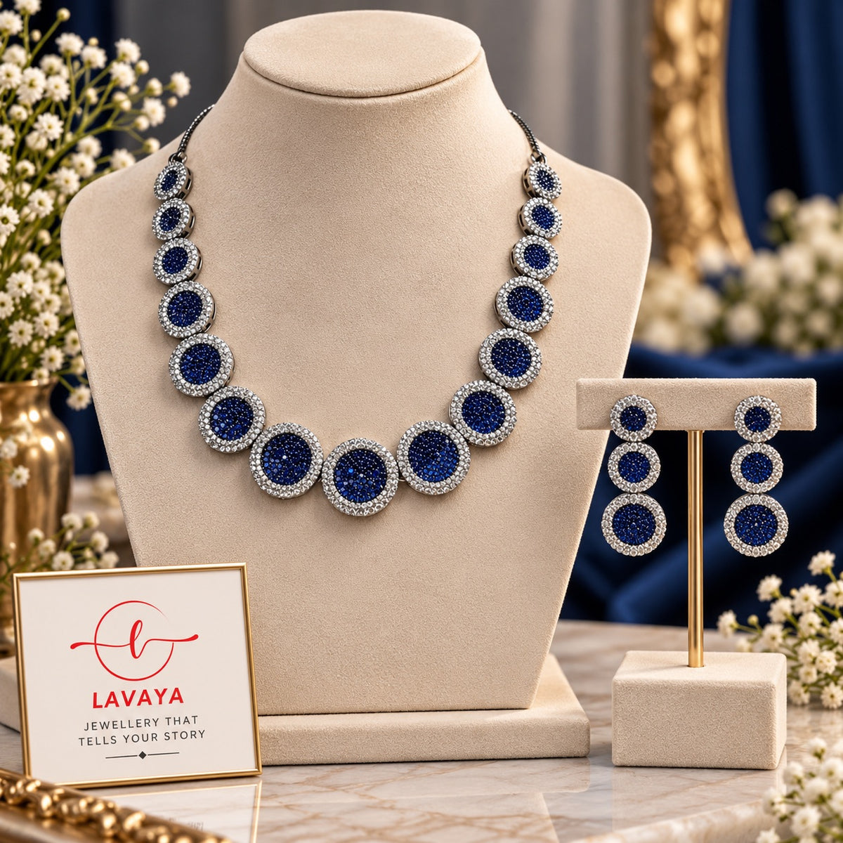Lavaya Royal Sapphire Blue Crystal Circular Statement Necklace & Matching Triple Drop Earrings Jewellery Set