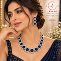 Lavaya The Nila Galaxy: Royal Sapphire Blue Micro-Pavé Disc Collar Necklace Set with Triple-Drop Earrings