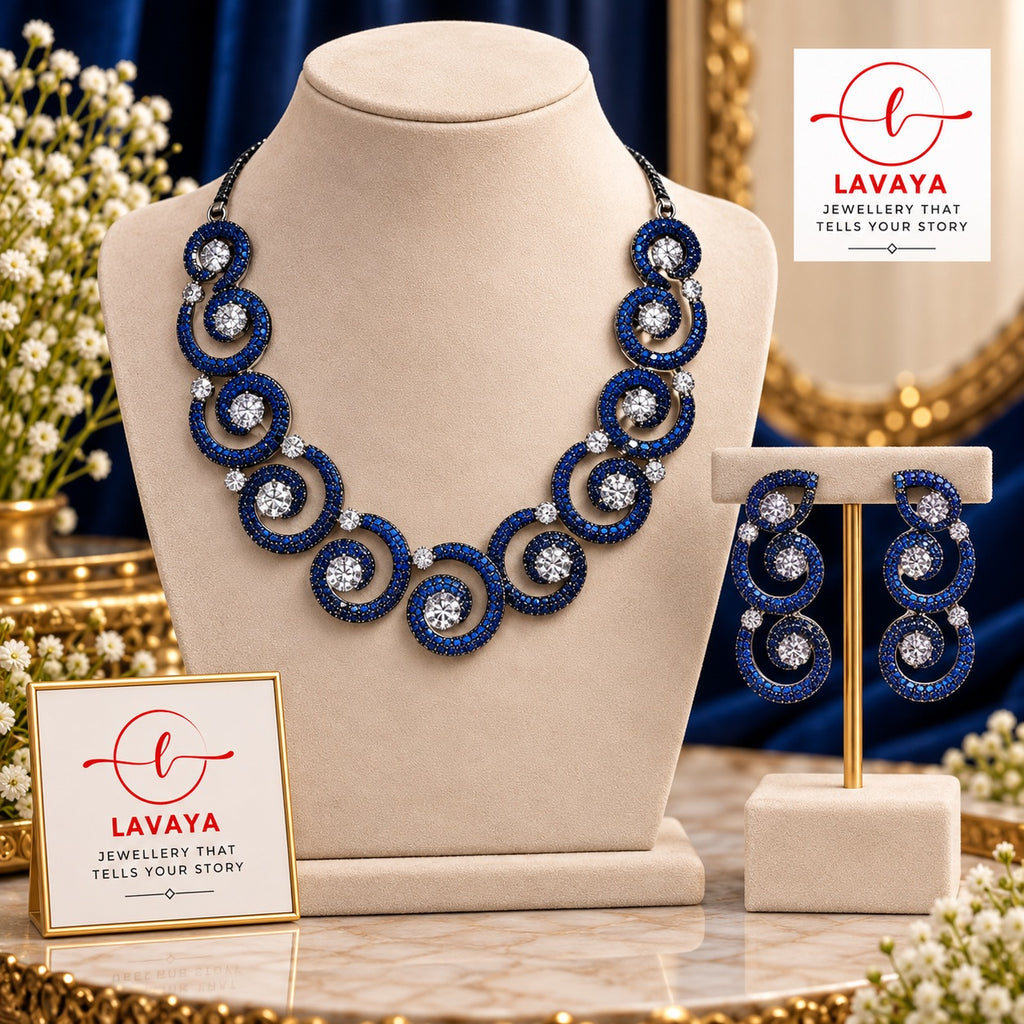 Lavaya Royal Sapphire Blue Swirl Crystal Statement Necklace & Matching Long Drop Earrings Jewellery Set
