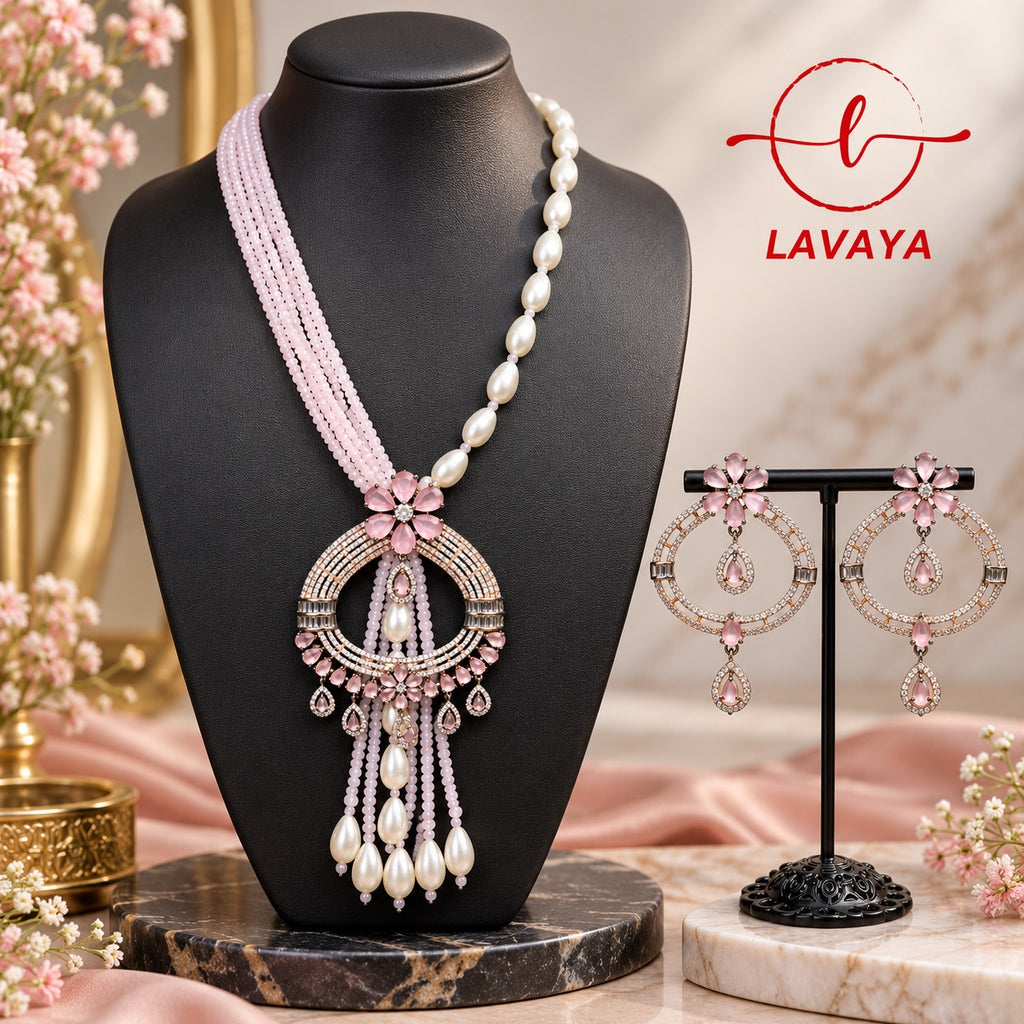 Lavaya Blush Pink Pearl Layered Necklace Set with Floral Crystal Pendant & Matching Statement Earrings