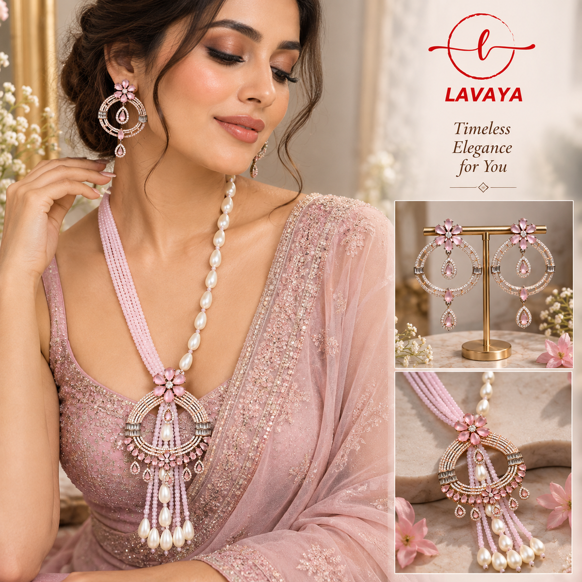 Lavaya The Gulabi Noor: Asymmetric Multi-Strand Baby Pink Seed Bead & Baroque Pearl Rani Haar with Rose Quartz Floral Medallion and Drop Earrings