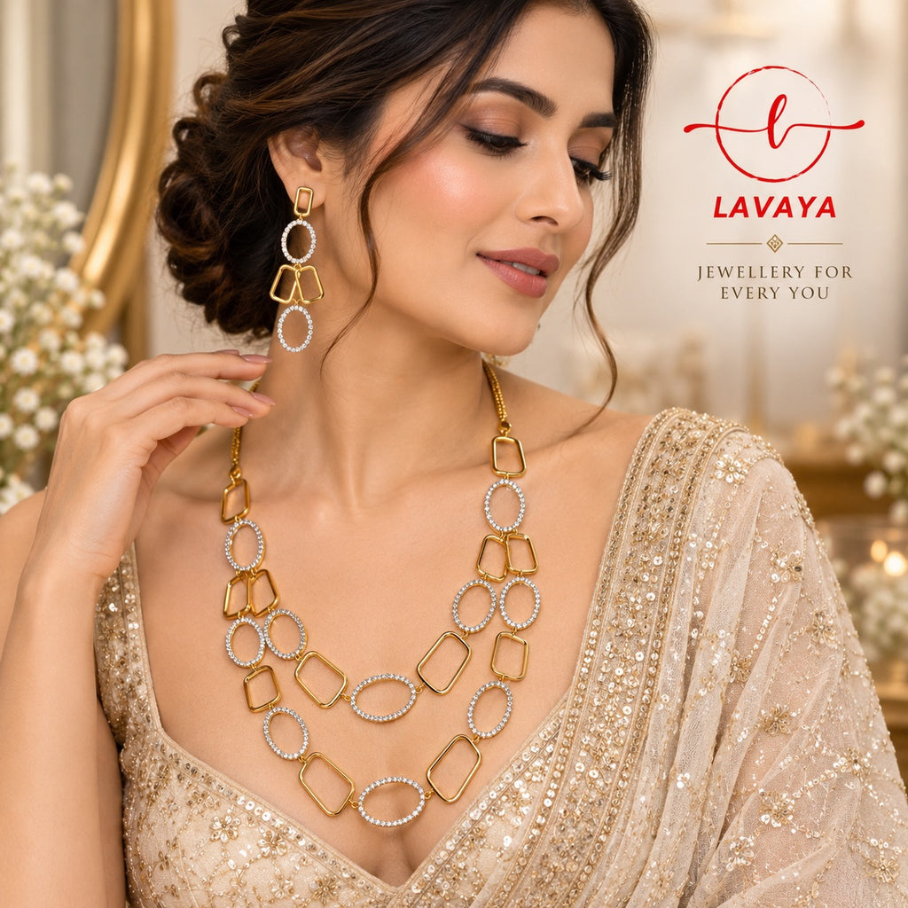 Lavaya Contemporary Gold-Tone Geometric Crystal Double-Layer Necklace & Statement Earrings Set
