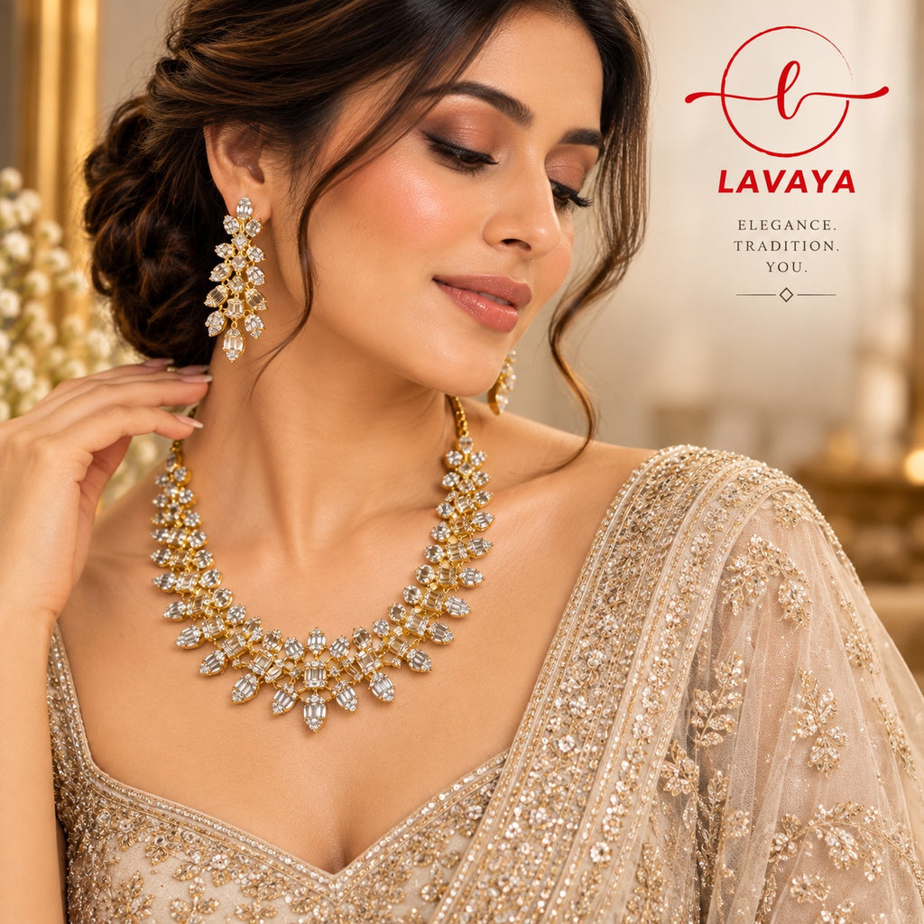 Lavaya Royal Golden Crystal Floral Statement Necklace Set with Matching Long Earrings